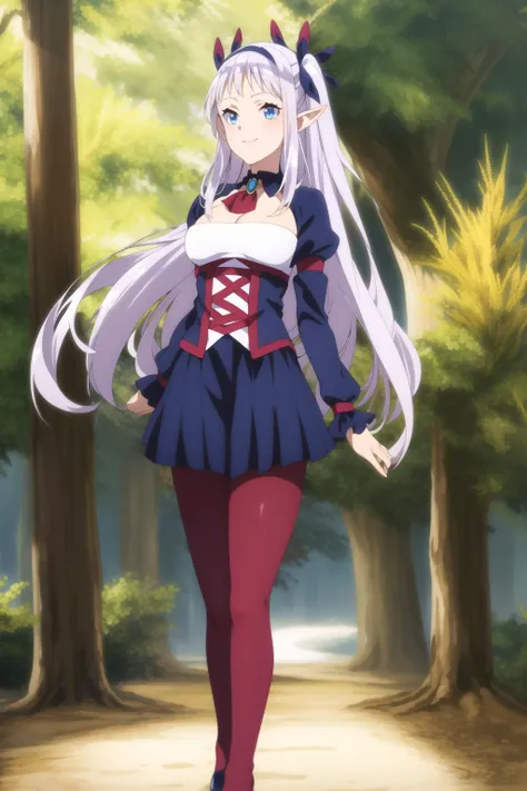 lulucy <lora:Lulucy:0.9> , silver hair, hair ribbon, beautiful face, light smile, blue eyes, maroon legwear, (masterpiece:1.2), best quality, absurdres, extremely detailed wallpaper, perfect lighting, forest,