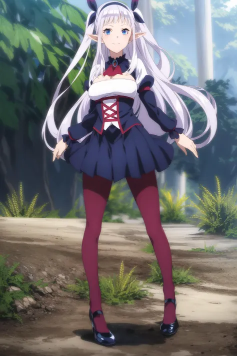 lulucy <lora:Lulucy:0.9> , silver hair, hair ribbon, beautiful face, light smile, blue eyes, maroon legwear, black shoes, (masterpiece:1.2), best quality, absurdres, extremely detailed wallpaper, perfect lighting,