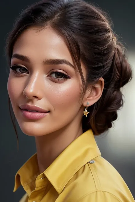 photo of beautiful (EPJ4sm1n44l4g1c:0.99), a woman with perfect hair, hair upsweep updo, wearing (yellow Chambray Button-Up :1.1), (plain white colorful, abstract background :1.1), modelshoot style, (extremely detailed CG unity 8k wallpaper), professional majestic photography, (smile), ((upper body)), (camera), 24mm, exposure blend, hdr, faded, extremely intricate, High (Detail:1.1), Sharp focus, dramatic, soft cinematic light, (upper body), (looking at viewer), (detailed pupils), 4k textures, soft cinematic light, adobe lightroom, photolab, elegant, ((((cinematic look)))), soothing tones, insane details, hyperdetailed, low contrast("I've got a bad feeling about this.":1.1), ("In Jernau we trust!":1.1),