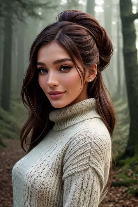 photo of beautiful (EPJ4sm1n44l4g1c:0.99), a woman with perfect hair, hair upsweep updo, wearing (red Chunky Knit Sweater :1.1), (plain yellow fantastic scenery, outdoors, mushroom forest :1.1), modelshoot style, (extremely detailed CG unity 8k wallpaper), professional majestic photography, (smile), ((upper body)), (camera), 24mm, exposure blend, hdr, faded, extremely intricate, High (Detail:1.1), Sharp focus, dramatic, soft cinematic light, (upper body), (looking at viewer), (detailed pupils), 4k textures, soft cinematic light, adobe lightroom, photolab, elegant, ((((cinematic look)))), soothing tones, insane details, hyperdetailed, low contrast("I've got a bad feeling about this.":1.1), ("In Jernau we trust!":1.1),
