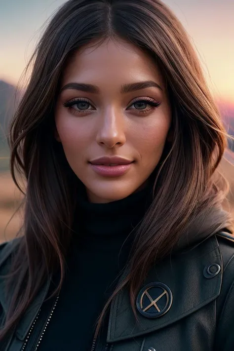 photo of beautiful (EPJ4sm1n44l4g1c:0.99), a woman in ( fantastic scenery, outdoors, night sky[::1] :1.1), perfect hair, wearing ( moleskin  :1.2), modelshoot style, (extremely detailed CG unity 8k wallpaper), professional majestic (photography by cindy sherman  :1.1), ( Sony a9 II Mirrorless Camera ), 24mm, exposure blend, hdr, faded, extremely intricate, High Detail, Sharp focus, dramatic, soft cinematic light, (looking at viewer), (detailed pupils), cute smile, 24mm, 4k textures, soft cinematic light, adobe lightroom, photolab, elegant, ((((cinematic look)))), soothing tones, insane details, hyperdetailed, low contrast, ("I've got a bad feeling about this.":1.1), ( Atompunk :1.2 )