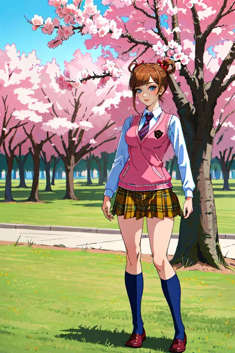 (masterpiece, best quality, ultra detailed, absurdres)1.5, 1girl, (sexy, beautiful woman, perfect face, perfect eyes, perfect female body)1.5, (mgcm iko, brown hair, twintails, hair ornament, hair bobbles, heart, bangs, mgcm school uniform, sweater vest, necktie, plaid skirt, kneehighs, loafers, <lora:MGCM_iko:0.7>), (standing, outdoors, Japanese school in background, sakura trees), perfect lighting, smooth, hdr