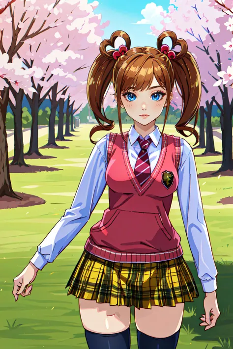 (masterpiece, best quality, ultra detailed, absurdres)1.5, 1girl, (sexy, beautiful woman, perfect face, perfect eyes, perfect female body)1.5, (mgcm iko, brown hair, twintails, hair ornament, hair bobbles, heart, bangs, mgcm school uniform, sweater vest, necktie, plaid skirt, kneehighs, loafers, <lora:MGCM_iko:0.7>), (standing, outdoors, Japanese school in background, sakura trees), perfect lighting, smooth, hdr