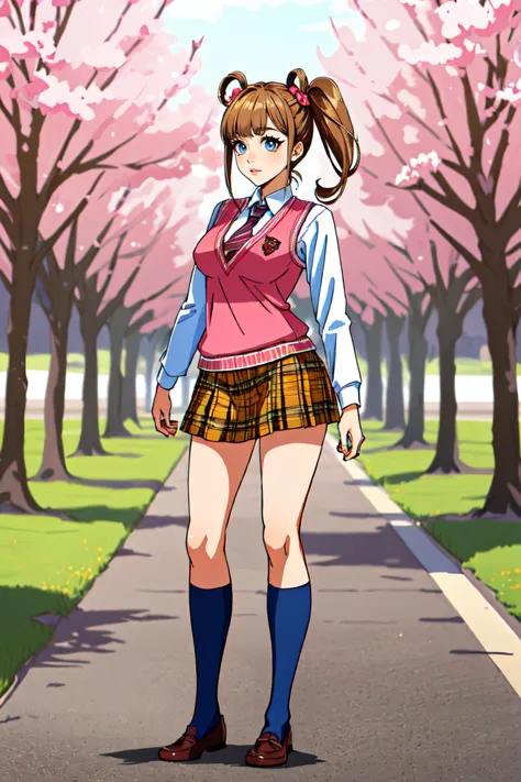 (masterpiece, best quality, ultra detailed, absurdres)1.5, 1girl, (sexy, beautiful woman, perfect face, perfect eyes, perfect female body)1.5, (mgcm iko, brown hair, twintails, hair ornament, hair bobbles, heart, bangs, mgcm school uniform, sweater vest, necktie, plaid skirt, kneehighs, loafers, <lora:MGCM_iko:0.7>), (standing, outdoors, Japanese school in background, sakura trees), perfect lighting, smooth, hdr