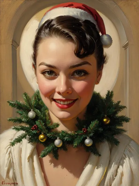 Vintage retro art printing of a smiling woman, perfect face, symmetrical face, French face, sensual face, mischievous smileshe is wearing an intricate santa costume,as scenery a cozy christmas workshop, in the art style of gil elvgren, award winning, masterpiece, dramatic lighting,, elvgren, Ballantyne, chavez, driben, fried, frush, Moran, mozert, berardinis, <lora:pinup_resize:0.9>
<lora:add_detail:0.7>