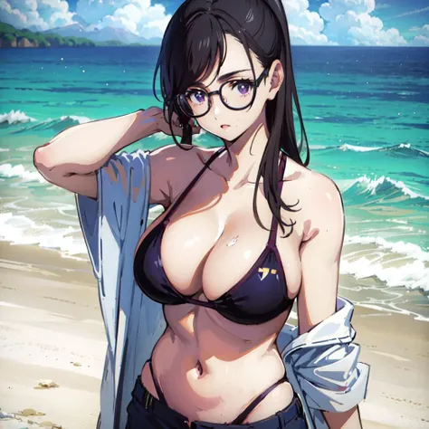 hizuru_v1, 1girl, large breasts, bikini, <lora:hizuru_v1-10:0.9>, beach