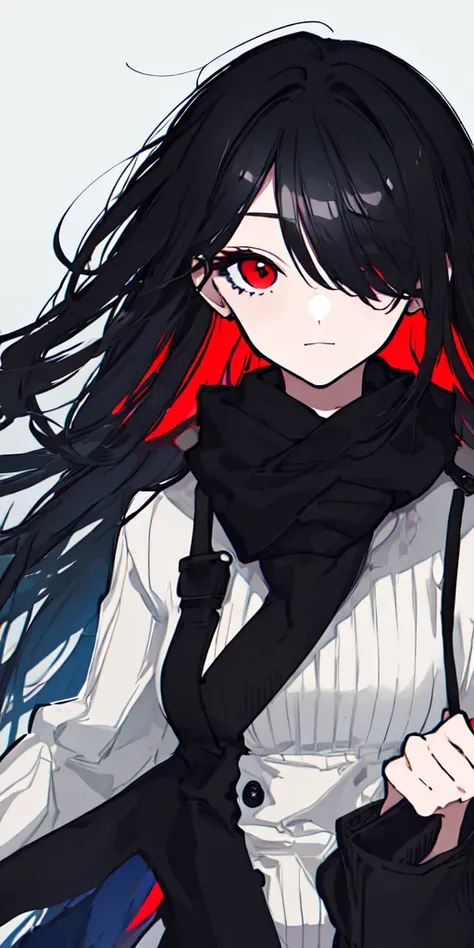 1girl, black hair, long gair, one eye covered, red eyes, <lora:mochidukiKeiArtStyle_v10:1>,