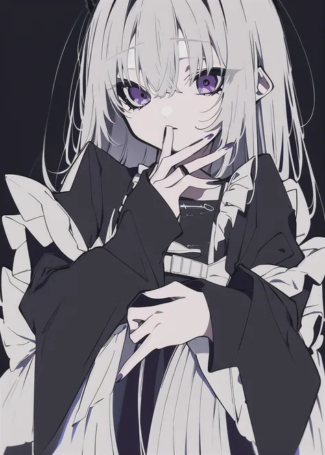 masterpiece, best quality, 1girl, solo, long_hair, looking_at_viewer, bangs, simple_background, long_sleeves, dress, hair_between_eyes, jewelry, closed_mouth, monochrome, upper_body, white_hair, frills, puffy_sleeves, fingernails, maid, maid_headdress, ring, black_nails, purple_background, <lora:mochidukekei:1>
<lora:mochidukiKeiArtStyle_v10:1>