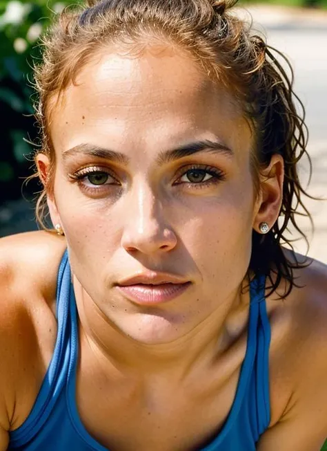 A stunning intricate color close up portrait of (sks woman:1) , wearing Shorts and a tank top, epic character composition, sharp focus, natural lighting, subsurface scattering, f2, 35mm, film grain, , by David LaChapelle, <lora:lora-small-jennifer-lopez-v1:1>