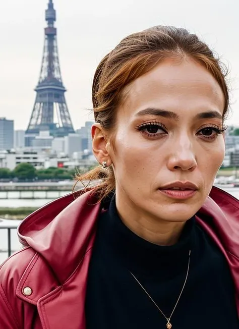 portrait of sks woman in Tokyo, with the Tokyo Tower in the background, by Flora Borsi, style by Flora Borsi, bold, bright colours, ((Flora Borsi)), by Peter Lindbergh, <lora:lora-small-jennifer-lopez-v1:1>