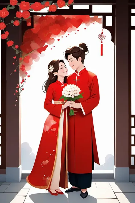 Valentine's Day,Flat painted style,1girl AND 1boy,smile,simple background,hair ornament,long sleeves,dress,holding,standing,flower,chinese clothes,red dress,couple,<lora:lbc_Valentine's Day_XL:0.6>,love,romantic,masterpiece,