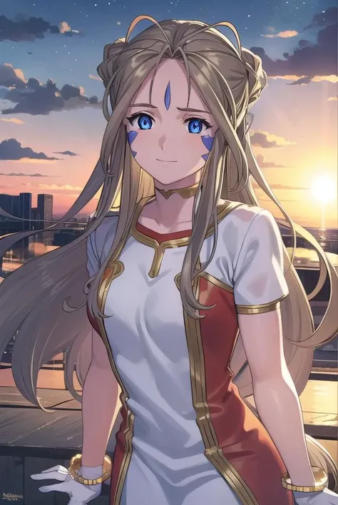 belldandy, <lora:belldandy s2-lora-nochekaiser:1>,
belldandy, long hair, blue eyes, brown hair, facial mark, forehead mark, mature female, smile,
BREAK gloves, wings, choker, fingerless gloves, bracelet, ring, feathers, angel wings,
BREAK outdoor, city, sky, sun, clouds,
BREAK looking at viewer, (cowboy shot:1.5),
BREAK <lyco:GoodHands-beta2:1>, (masterpiece:1.2), best quality, high resolution, unity 8k wallpaper, (illustration:0.8), (beautiful detailed eyes:1.6), extremely detailed face, perfect lighting, extremely detailed CG, (perfect hands, perfect anatomy),