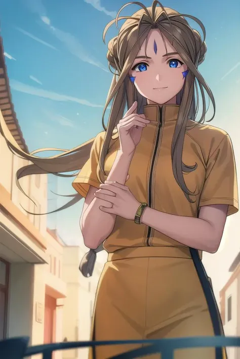 belldandy, <lora:belldandy s2-lora-nochekaiser:1>, 
belldandy, long hair, blue eyes, brown hair, facial mark, forehead mark, mature female, smile,
BREAK shirt, orange shirt, short sleeves, belth, skirt, yellow skirt, bracelet,
BREAK outdoor, city, sky, sun, clouds,
BREAK looking at viewer, (cowboy shot:1.5),
BREAK <lyco:GoodHands-beta2:1>, (masterpiece:1.2), best quality, high resolution, unity 8k wallpaper, (illustration:0.8), (beautiful detailed eyes:1.6), extremely detailed face, perfect lighting, extremely detailed CG, (perfect hands, perfect anatomy),