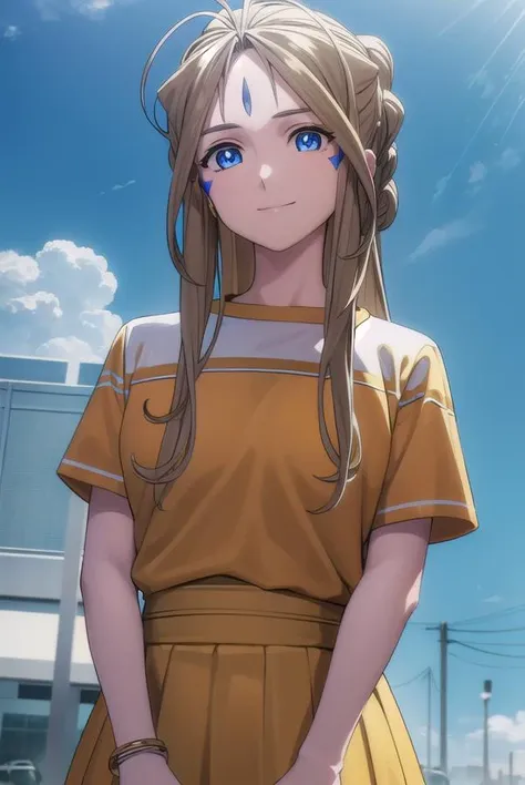belldandy, <lora:belldandy s2-lora-nochekaiser:1>,
belldandy, long hair, blue eyes, brown hair, facial mark, forehead mark, mature female, smile,
BREAK shirt, orange shirt, short sleeves, belth, skirt, yellow skirt, bracelet,
BREAK outdoor, city, sky, sun, clouds,
BREAK looking at viewer, (cowboy shot:1.5),
BREAK <lyco:GoodHands-beta2:1>, (masterpiece:1.2), best quality, high resolution, unity 8k wallpaper, (illustration:0.8), (beautiful detailed eyes:1.6), extremely detailed face, perfect lighting, extremely detailed CG, (perfect hands, perfect anatomy),