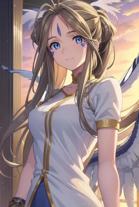 belldandy, <lora:belldandy s2-lora-nochekaiser:1>,
belldandy, long hair, blue eyes, brown hair, facial mark, forehead mark, mature female, smile,
BREAK gloves, wings, choker, fingerless gloves, bracelet, ring, feathers, angel wings,
BREAK outdoor, city, sky, sun, clouds,
BREAK looking at viewer, (cowboy shot:1.5),
BREAK <lyco:GoodHands-beta2:1>, (masterpiece:1.2), best quality, high resolution, unity 8k wallpaper, (illustration:0.8), (beautiful detailed eyes:1.6), extremely detailed face, perfect lighting, extremely detailed CG, (perfect hands, perfect anatomy),