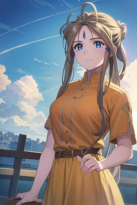 belldandy, <lora:belldandy s2-lora-nochekaiser:1>,
belldandy, long hair, blue eyes, brown hair, facial mark, forehead mark, mature female, smile,
BREAK shirt, orange shirt, short sleeves, belth, skirt, yellow skirt, bracelet,
BREAK outdoor, city, sky, sun, clouds,
BREAK looking at viewer, (cowboy shot:1.5),
BREAK <lyco:GoodHands-beta2:1>, (masterpiece:1.2), best quality, high resolution, unity 8k wallpaper, (illustration:0.8), (beautiful detailed eyes:1.6), extremely detailed face, perfect lighting, extremely detailed CG, (perfect hands, perfect anatomy),