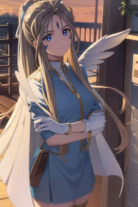 belldandy, <lora:belldandy s2-lora-nochekaiser:1>,
belldandy, long hair, blue eyes, brown hair, facial mark, forehead mark, mature female, smile,
BREAK gloves, wings, choker, fingerless gloves, bracelet, ring, feathers, angel wings,
BREAK outdoor, city, sky, sun, clouds,
BREAK looking at viewer, (cowboy shot:1.5),
BREAK <lyco:GoodHands-beta2:1>, (masterpiece:1.2), best quality, high resolution, unity 8k wallpaper, (illustration:0.8), (beautiful detailed eyes:1.6), extremely detailed face, perfect lighting, extremely detailed CG, (perfect hands, perfect anatomy),
