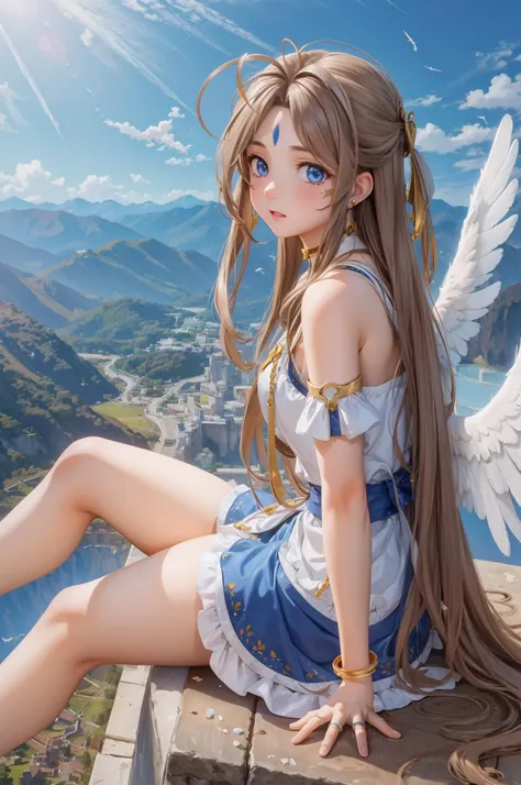 (masterpiece), best quality, high resolution, belldandy, long hair, blue eyes, brown hair, facial mark, forehead mark, gloves, wings, choker, bracelet, ring, feathers, angel wings, <lora:belldandytest:0.8>, view from side:0.6, (forrest:1.1), sitting,