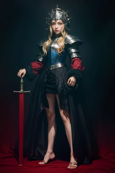 The picture is very clear,Raw image, 16k super realistic ,1 beauty girl,,BREAK, <(photorealistic:1.3), (intricate details:1.2), small head>, (floating), ((dark_fantasy:1.4)), dynamic angle, glinting stars, solo, ((blonde hair, silver armor,artoria_pendragon_\(fate\), green eyes, ahoge, solo, )), (helm:1.3), armored dress, long legs, holding sword, red light particles, blood splatter, iron_spark, prosthetic_arm, white_man, BREAK, <teenager, ultra high res, 16k uhd, dslr, film grain, perfect anatomy, detailed skin>, (MASTERPIECE:1.2),((Hyper realistic:1.4)),(POST PROCESSING:1.3),(SHARP FOCUS:1.2),((slender:1.2)),BREAK, ((feet out of frame:1.2)), <lora:epiNoiseoffset_v2:1>