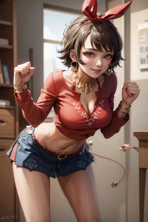 (masterpiece, best quality:1.2), <lora:tekken7_rizal-10:1>, solo, 1girl, josie rizal, smile, looking at viewer, leaning forward, hairband, shirt, skirt, earrings, midriff