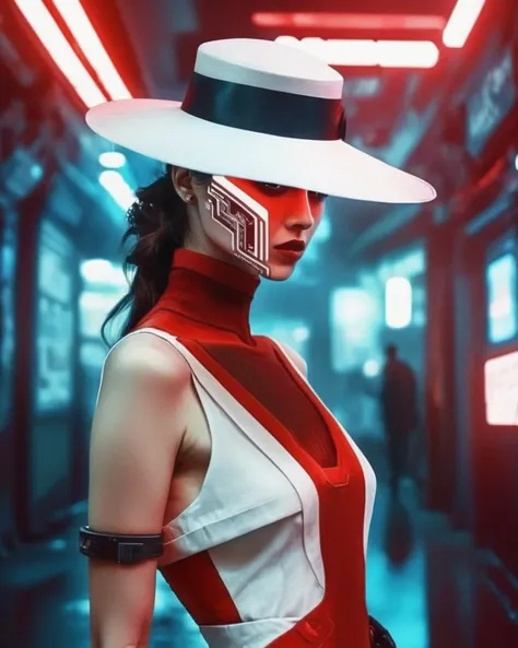 photography , a woman in a red and white dress and a hat , cyberpunk style , blade runner<lora:cyber_aesthetic_sdxl:1.0>