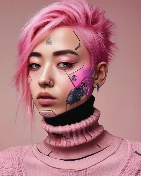 photography , a woman with a pink hair and a turtle neck sweater , cyberpunk style , fashion<lora:cyber_aesthetic_sdxl:1.0>