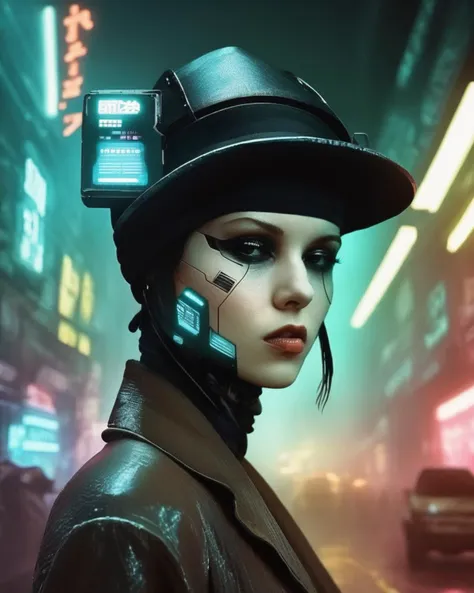 photography ,  a woman with a hat on her head , cyberpunk style , blade runner<lora:cyber_aesthetic_sdxl:1.0>