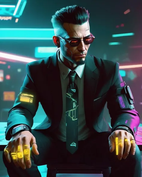 photography , a man in a suit sitting down with his hands on his lap , cyberpunk style , cyberpunk 2077<lora:cyber_aesthetic_sdxl:1.0>