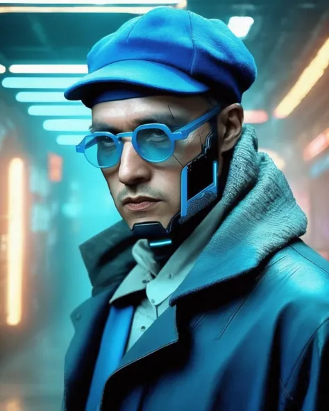 photography , a man wearing a blue hat and glasses , cyberpunk style , blade runner<lora:cyber_aesthetic_sdxl:1.0>