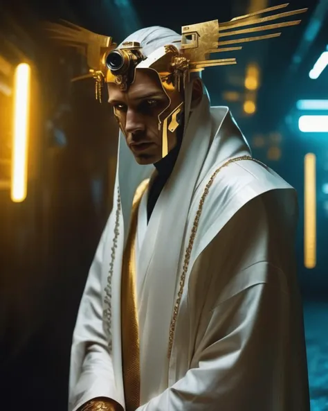 photography , a man in a white robe and a gold headdress , cyberpunk style , blade runner<lora:cyber_aesthetic_sdxl:1.0>