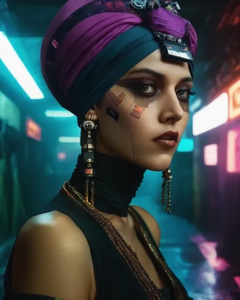 photography , a woman wearing a turban and earrings , cyberpunk style , blade runner<lora:cyber_aesthetic_sdxl:1.0>