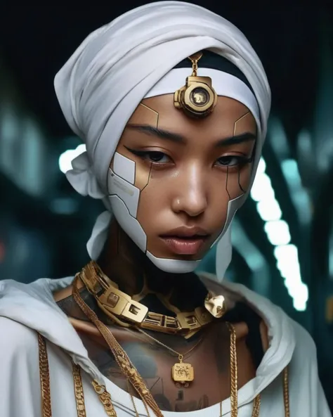photography , a woman wearing a white head scarf and a gold necklace , cyberpunk style , fashion<lora:cyber_aesthetic_sdxl:1.0>