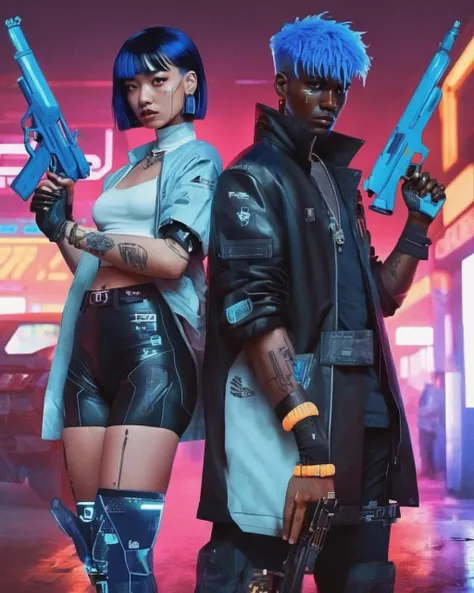 two people in futuristic clothing holding guns , 1girl, short hair, black hair, 1boy, holding, jewelry, blue hair, jacket, weapon, earrings, dark skin, holding weapon, gun, dark-skinned male, holding gun, science fiction, undercut, cyberpunk, neon lights , cyberpunk style<lora:cyber_aesthetic_sdxl:1.0>