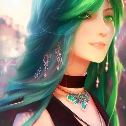 1girl, blush, choker, collarbone, jewelry,necklace, pendant, rainbow_eyes, Green_hair,long_hair, smile, solo,thunderstorm,  upper_body,cinematic lighting, rim lightring,manwha1,mangadusk1