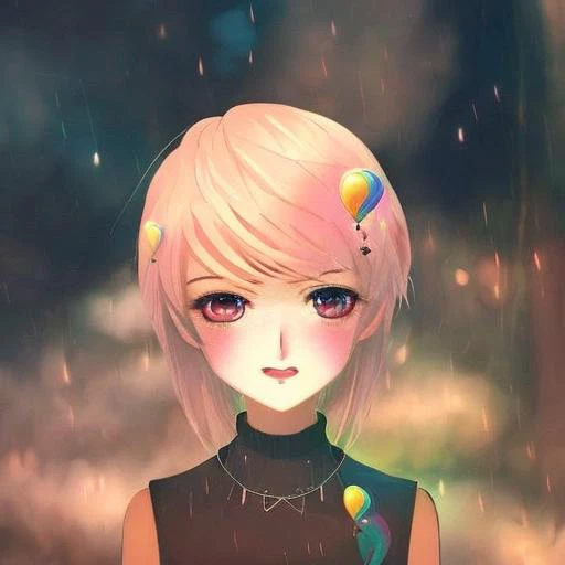 1girl, blush, choker, collarbone, jewelry,necklace, pendant, rainbow_eyes, blonde_hair, short_hair, smile, solo,thunderstorm,  upper_body,cinematic lighting, rim lightring,manwha1