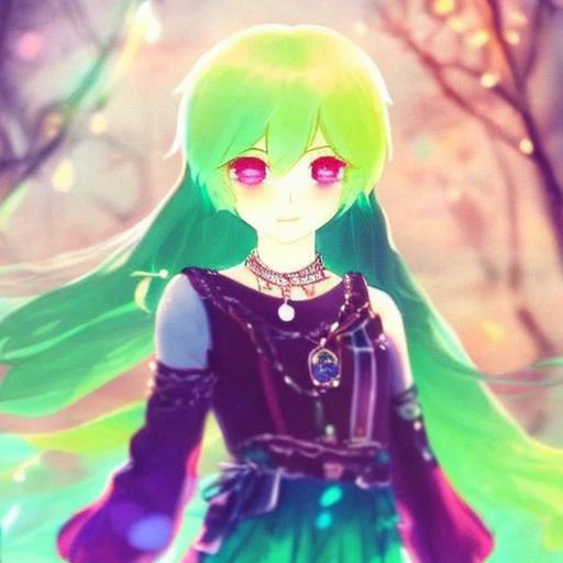 1girl, blush, choker, collarbone, jewelry,necklace, pendant, rainbow_eyes, Green_hair,long_hair, smile, solo,thunderstorm,  upper_body,cinematic lighting, rim lightring,manwha1,mangadusk1