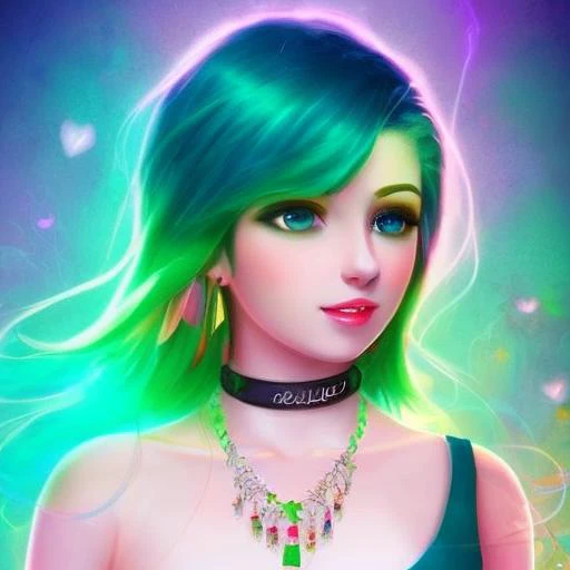 1girl, blush, choker, collarbone, jewelry,necklace, pendant, rainbow_eyes, Green_hair,long_hair, smile, solo,thunderstorm,  upper_body,cinematic lighting, rim lightring,manwha1,mangadusk1