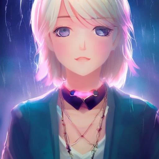 1girl, blush, choker, collarbone, jewelry,necklace, pendant, rainbow_eyes, blonde_hair, short_hair, smile, solo,thunderstorm,  upper_body,cinematic lighting, rim lightring,manwha1