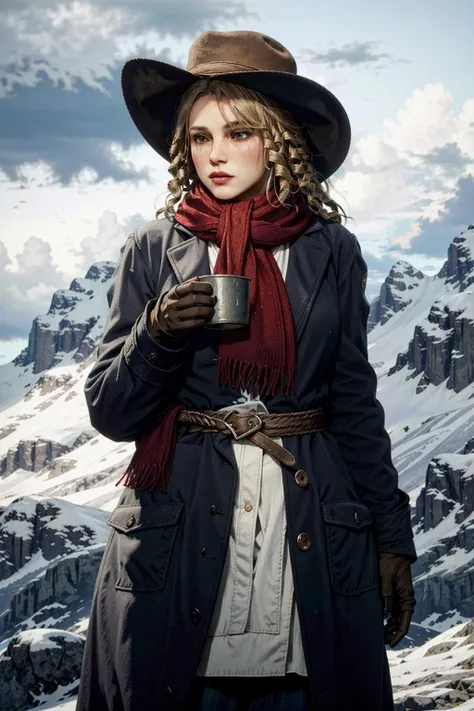 KarenRDR, 1girl, solo, hat, gloves, scarf, cup, blonde hair, belt, braid, holding, mountain, holding cup, red scarf, coat, outdoors, lips, long hair, sky, cloud, day
<lora:epi_noiseoffset2:1>, <lora:KarenRDR:0.7>