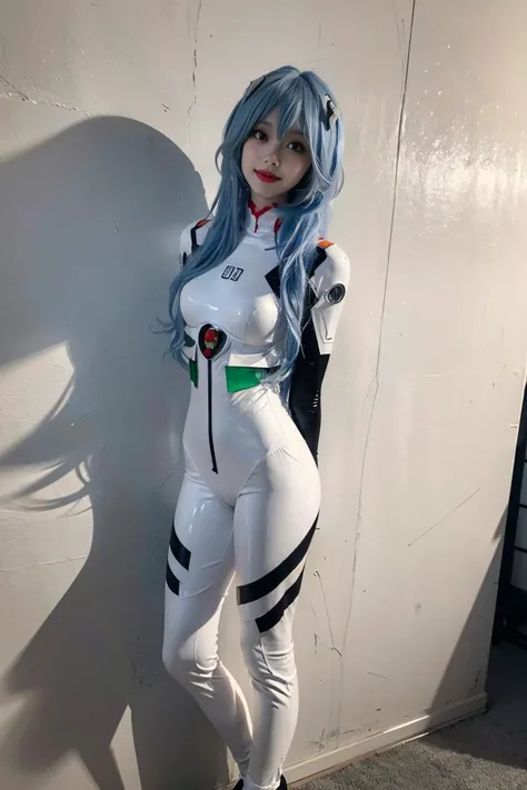 best quality, masterpiece, realistic, (photorealistic:1.4), 1girl, solo, full body, looking at viewer, smile, standing, ayanami cosplay costume, cosplay, long hair, bodysuit, skin tight, hairpods, arms at side, simple background, wall, <lora:ayanami_longhair_plugsuit_cosplay_costume_v1:0.7>