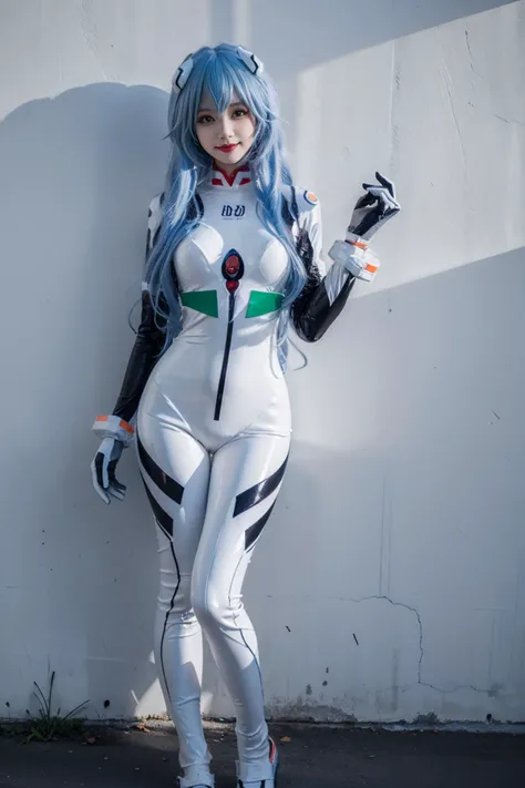 best quality, masterpiece, realistic, (photorealistic:1.4), 1girl, solo, full body, looking at viewer, smile, standing, ayanami cosplay costume, cosplay, long hair, bodysuit, skin tight, hairpods, wall, <lora:ayanami_longhair_plugsuit_cosplay_costume_v1:0.7>