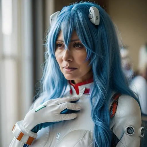 photograph, close up, (bolivian milf:1.4), mature female wearing an AYANAMI_COSPLAY_COSTUME, PLUGSUIT, BLUE HAIR, AYANAMI REI, PILOT SUIT, COSPLAY, LONG HAIR, INTERFACE HEADSET, HAIRPODS, GLOVES, BRACER, SKIN TIGHT,<lora:ayanami_cosplay_costume_v2:0.65>, at an anime convention, aloeamateur