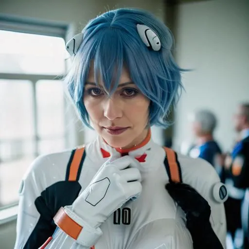photograph, close up, (dutch milf:1.4), mature female, (short hair:1.3), wearing an AYANAMI_COSPLAY_COSTUME, PLUGSUIT, BLUE HAIR, AYANAMI REI, PILOT SUIT, COSPLAY, INTERFACE HEADSET, HAIRPODS, GLOVES, BRACER, SKIN TIGHT,<lora:ayanami_cosplay_costume_v2:0.65>, at an anime convention, aloeamateur