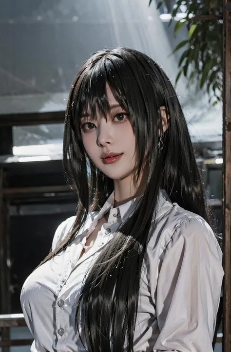 Beautiful woman with perfect body：1.4，Layered Hairstyle，Prominent cleavage：1.5，Highly detailed face and skin textures，Double eyelids，Skin Whitening，Long hair，Whitened long legs，Uniforms，black，Sexy goddess，(wet hair:1.2)