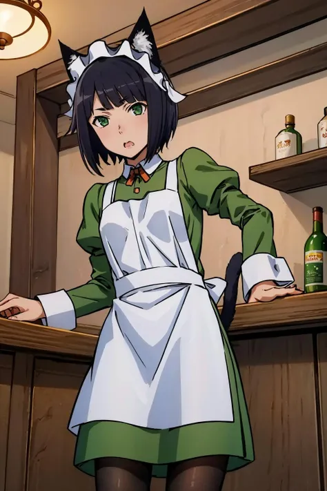 masterpiece, best quality, <lora:chloerollo-nvwls-v1-000009:0.9> chloe rollo, cat ears, maid headdress, green dress, white apron, long sleeves, pantyhose, tail, from below, wavy mouth, looking at viewer, raised eyebrows, shocked, bar