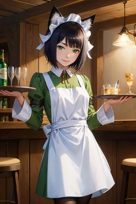 masterpiece, best quality, <lora:chloerollo-nvwls-v1-000009:0.9> chloe rollo, cat ears, maid headdress, green dress, white apron, long sleeves, pantyhose, cowboy shot, looking at viewer, holding tray, bar, smile