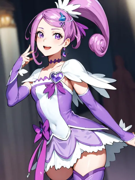 masterpiece, best quality, looking_at_viewer, depth_of_field,
1girl, <lora:locon_cure_sword_1:0.9>, cure sword, purple dress, spade hair ornament, purple thigh boots, high ponytail, detached sleeves, arm warmers, hairpin, heart brooch:0.6, capelet, choker, 
smile,