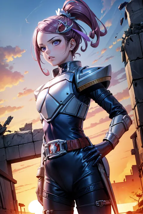 masterpiece,best quality,1girl,cure sword,purple eyes,purple hair,(spade hair ornament),high ponytail,hairpin,serious,(BladeRider),blue gloves,rider belt,gloves,bodysuit,(armor:1.2),belt,waist cape,satnding,hand on hip,arm at side,looking to the side,(ruins:1.2),dawn,(sunrise),cowboy shot,dutch angle,<lora:BladeSuit:0.7>,<lora:locon_cure_sword_1:0.8>,<lora:Concept-control tool-add_detail-CyberAIchemist:0.6>,