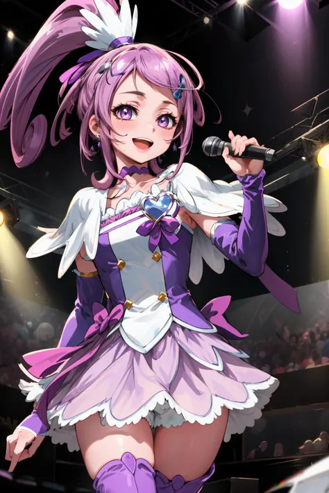 masterpiece,best quality,((SFW)),1girl,cure sword,purple dress,spade hair ornament,purple thigh boots,high ponytail,detached sleeves,arm warmers,hairpin,capelet,choker,(heart brooch:0.6),idol,singing,smile,open mouth,on stage,<lora:locon_cure_sword_1:0.9>,