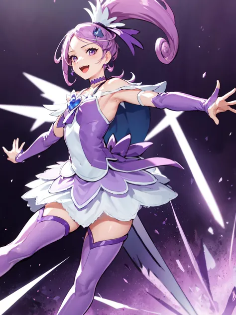 masterpiece, best quality, looking_at_viewer, depth_of_field, dynamic pose,
1girl, <lora:locon_cure_sword_1:0.9>, cure sword, purple dress, spade hair ornament, purple thigh boots, high ponytail, detached sleeves, arm warmers, hairpin, capelet, choker, heart brooch:0.6,
smile, open mouth,